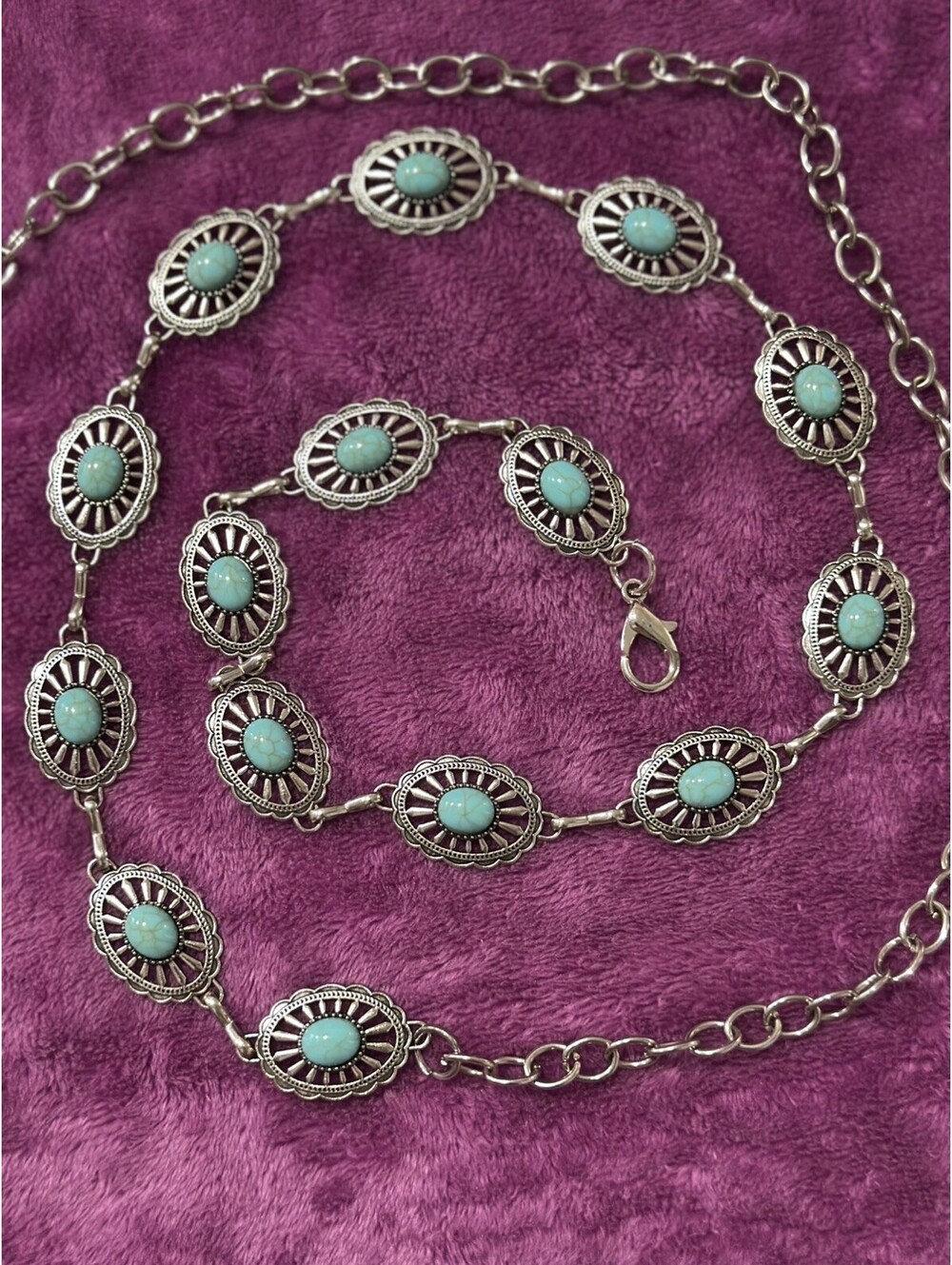 Silver Turquoise Chain Belt Geometric Stone Accents Adjustable Bohemian Western - Picture 2 of 4
